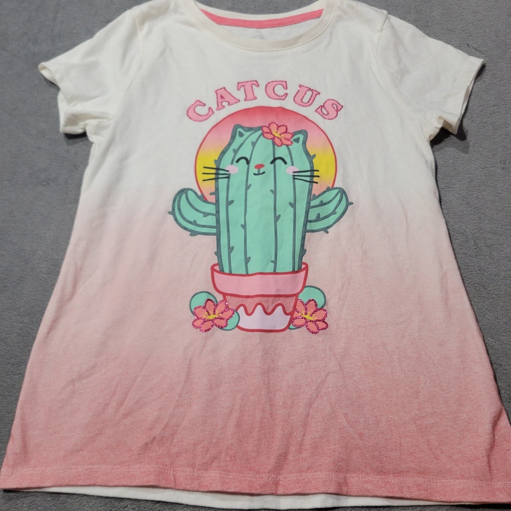 Wonder Nation Graphic Tee Girls L 10-12 White Pink Catcus Ombre Glitter T-Shirt
